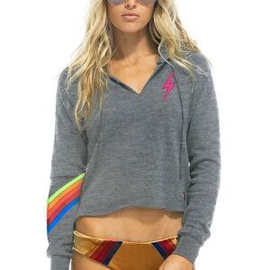 Aviator Nation Bolt Stitch Chevron 5 Split Neck Crop Hoodie in heather grey